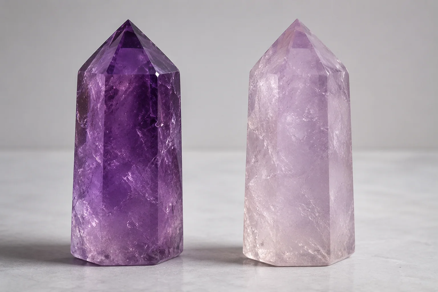 A side-by-side comparison of a vibrant purple amethyst point and a pale, faded one.