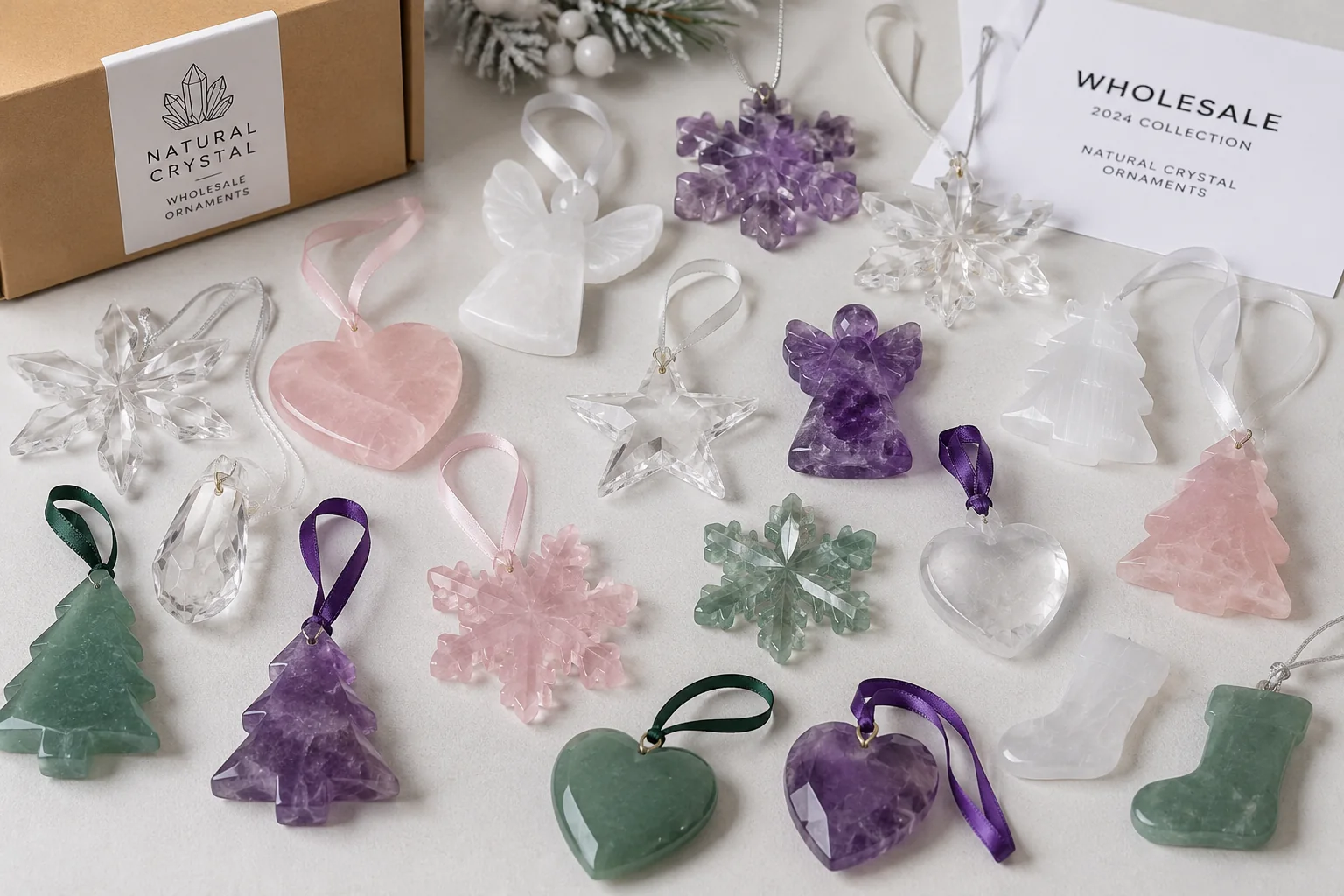 A collection of various crystal ornaments, including snowflakes, stars, and angels, laid out on a table for inspection.