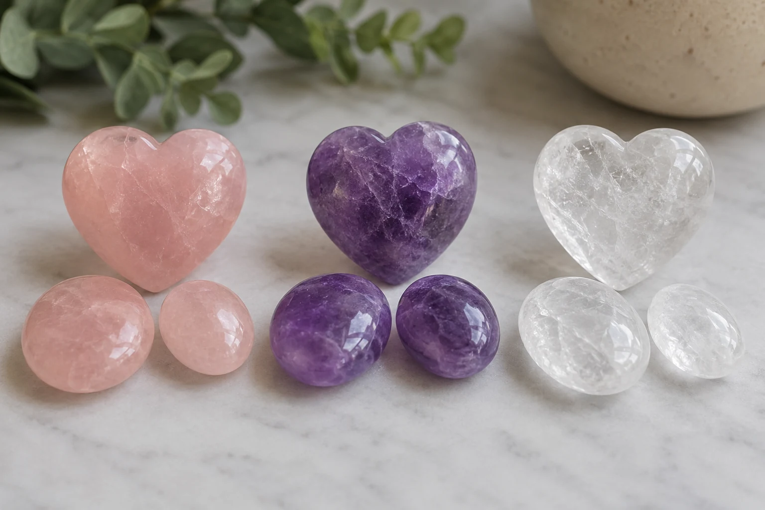 A side-by-side comparison of rose quartz, amethyst, and clear quartz keepsakes.