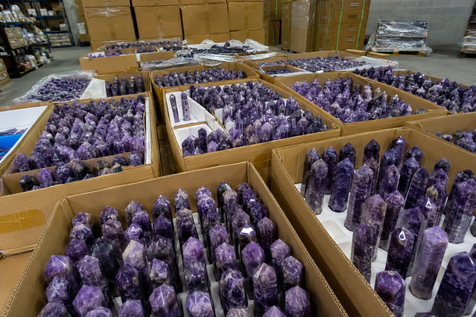 A large bulk order of amethyst crystal towers representing a risky crystal inventory investment