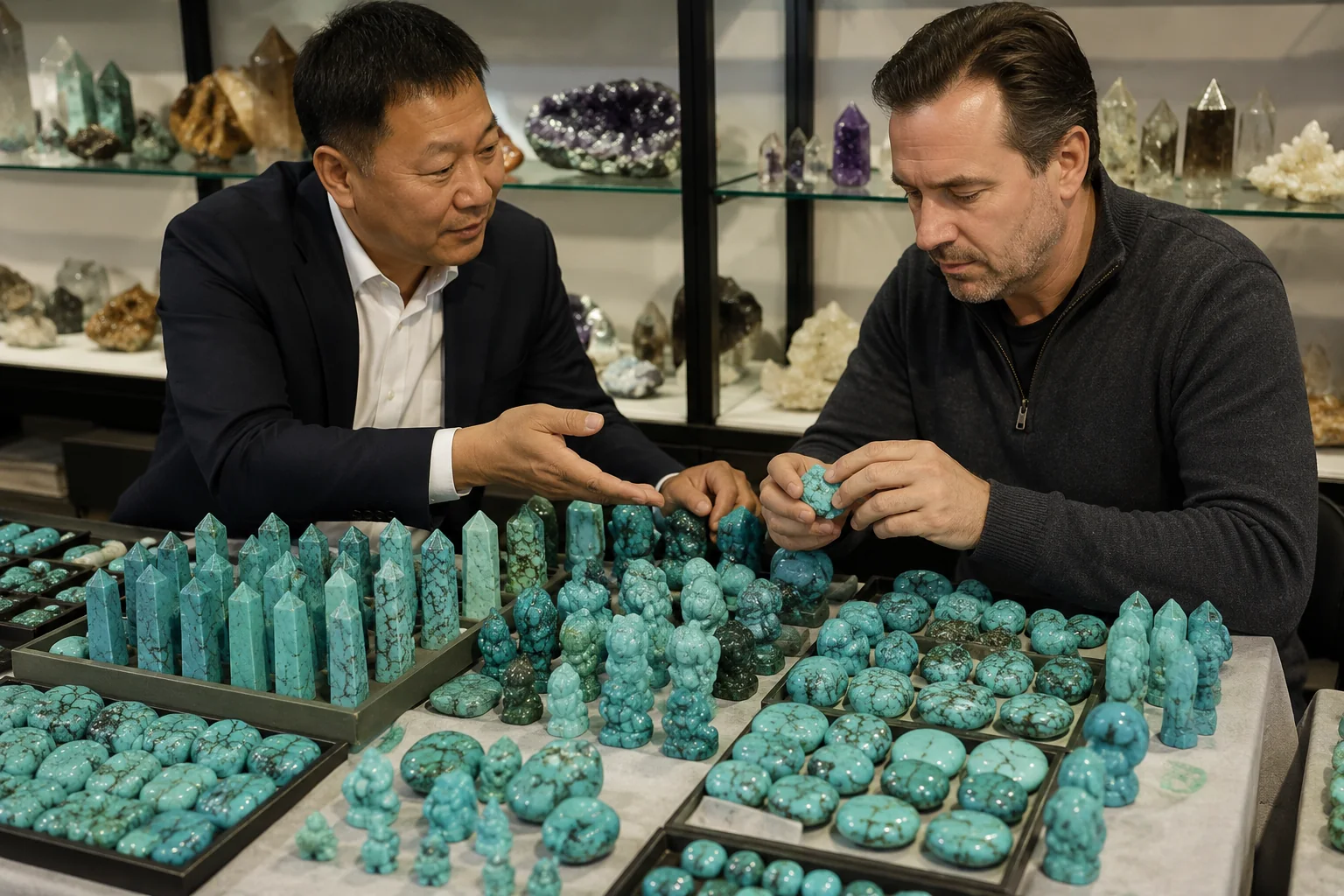 a wholesale buyer carefully inspecting different grades of turquoise carvings with a supplier in a showroom