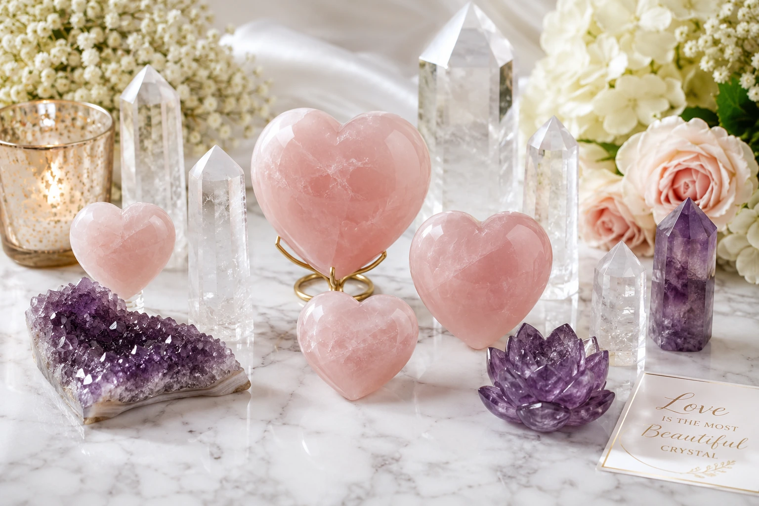 A collection of crystal wedding decor carvings, including rose quartz hearts and clear quartz towers.