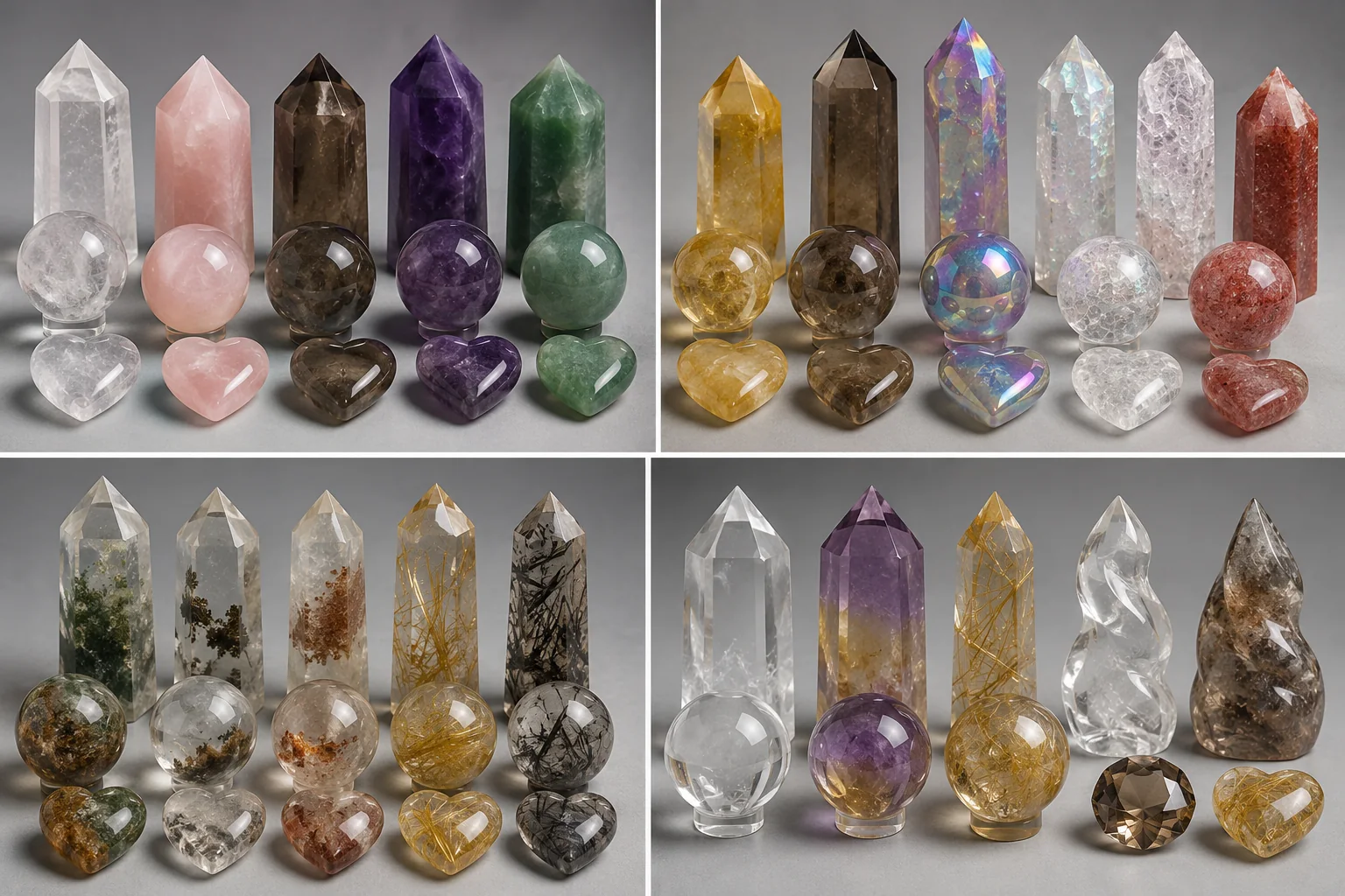 Commercial Groups of Quartz Carvings An assortment of different types of quartz carvings representing the four commercial groups.