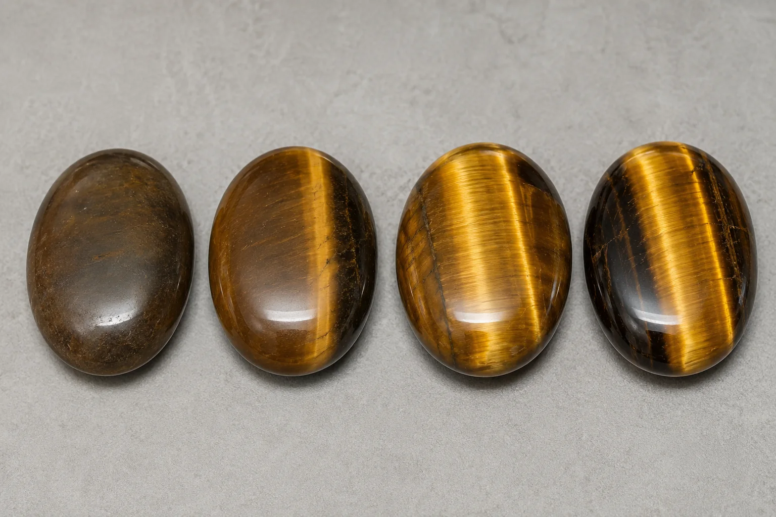 Comparing Tiger's Eye Quality Grades Close-up of different qualities of tiger's eye palm stones