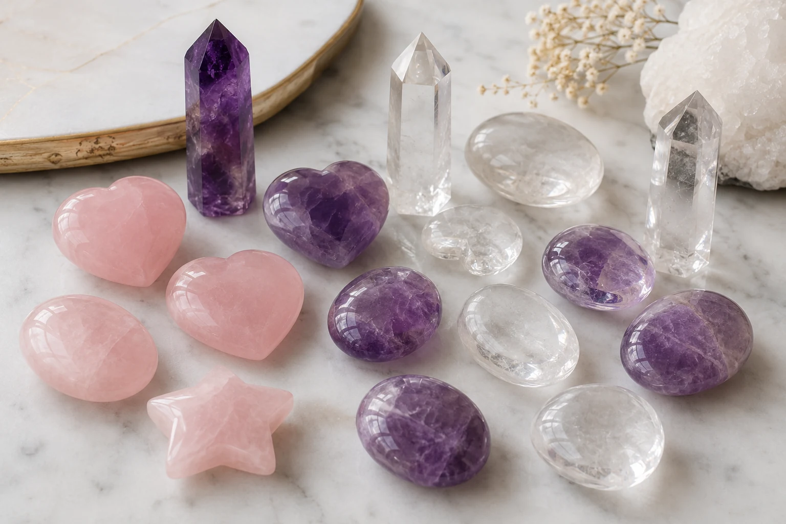 A variety of classic crystal shapes like hearts and palm stones suitable for personalization.