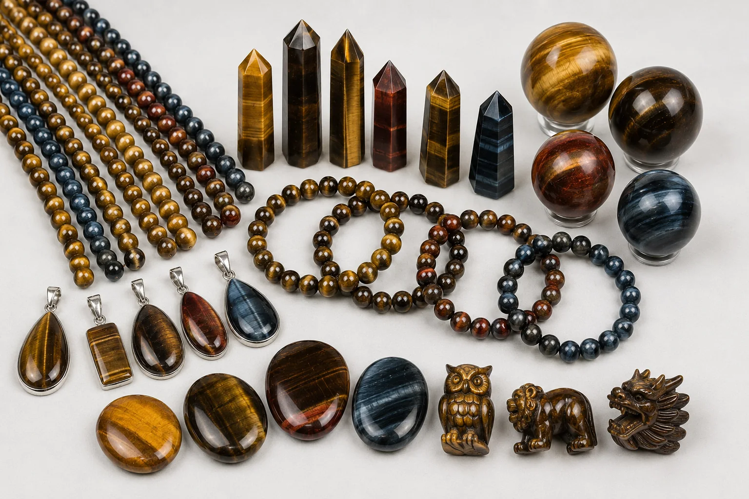 Different Types of Tiger's Eye Products Assortment of different tiger's eye products like bracelets, towers, and spheres