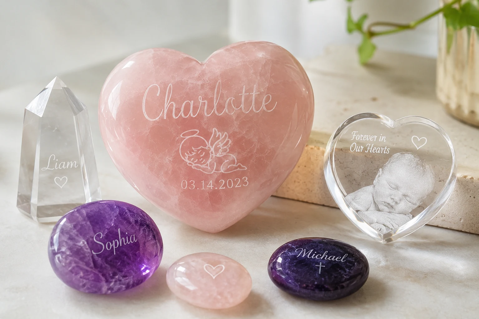 A collection of personalized crystal keepsakes, including an engraved rose quartz heart with a baby's name.