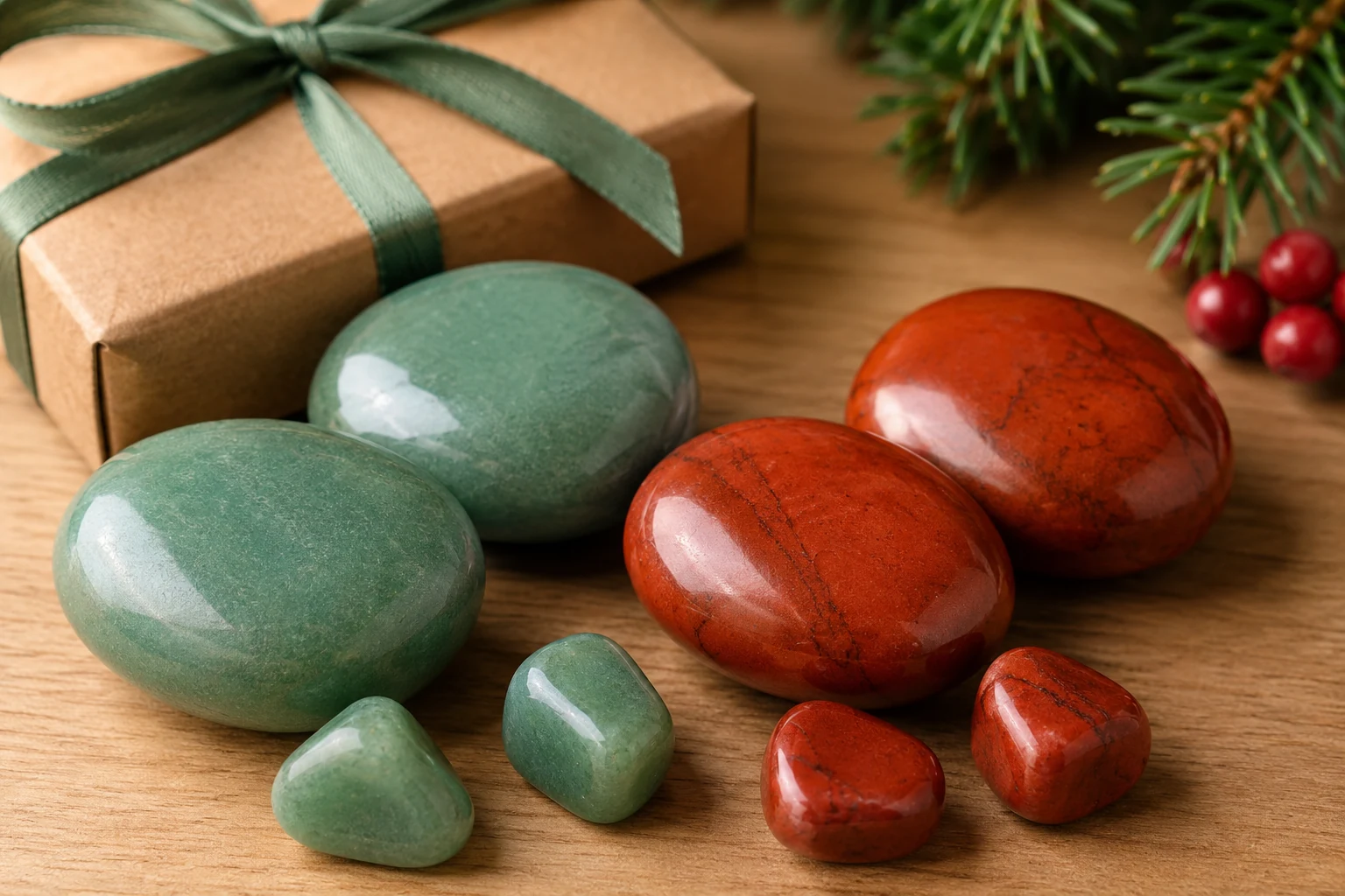 Close-up of green aventurine and red jasper wholesale crystal gift ideas for a festive retail collection