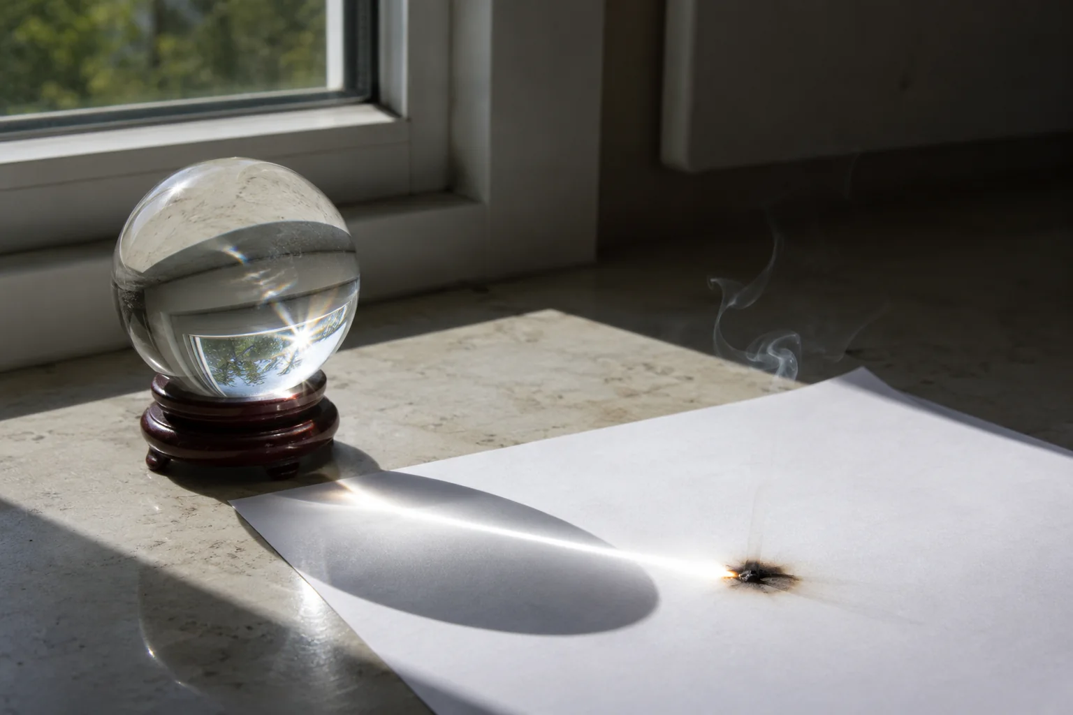 A clear quartz sphere in a sunbeam, focusing light onto a piece of paper that is starting to smolder.