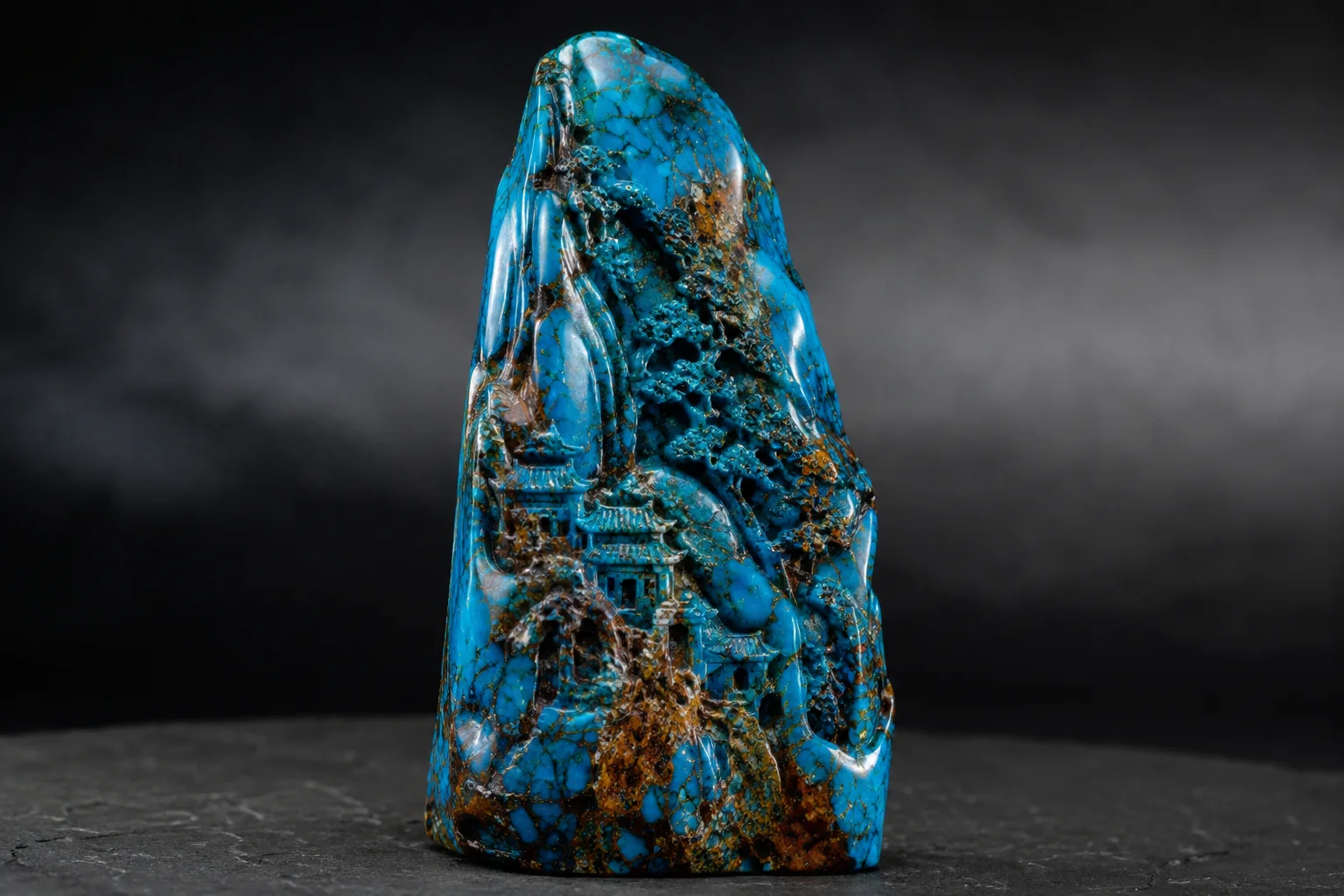 a unique, high-grade natural turquoise carving with intricate brown and black matrix patterns set against a deep blue