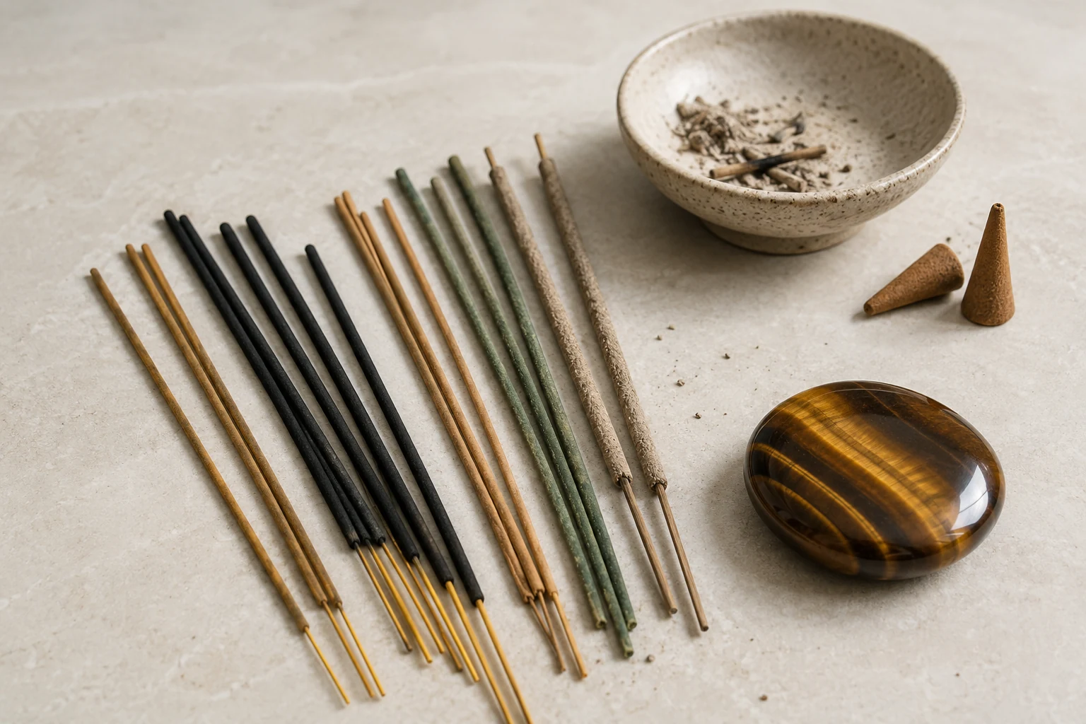 Various types of incense sticks and cones next to a polished tiger eye palm stone, representing the variety and potential risk of residue