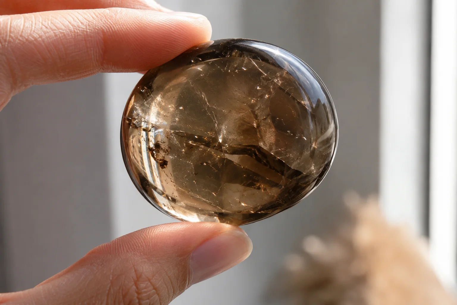 A hand holding a smoky quartz palm stone up to the light to inspect its clarity and structure