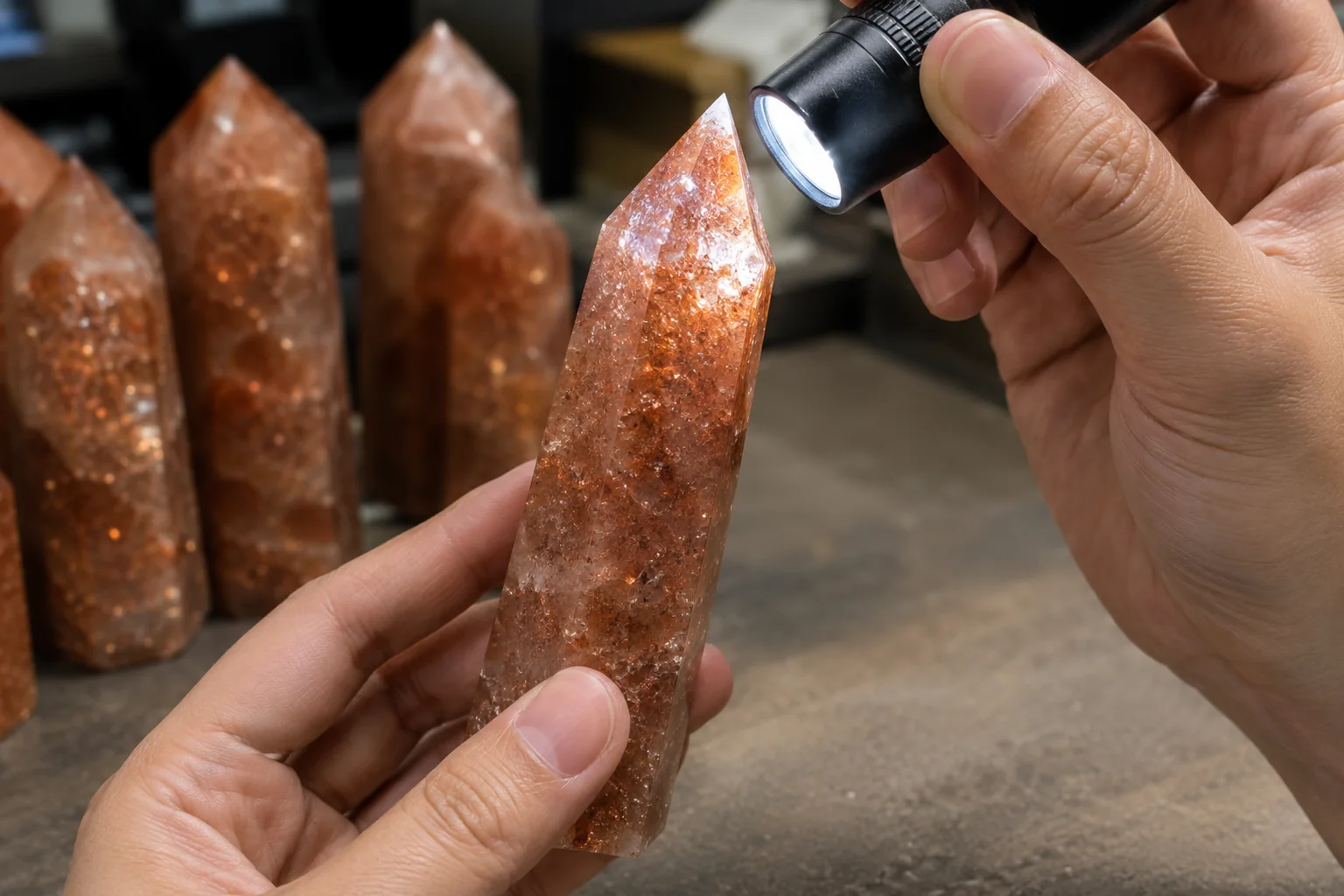Inspecting a Sunstone Carving Sunstone carving quality inspection