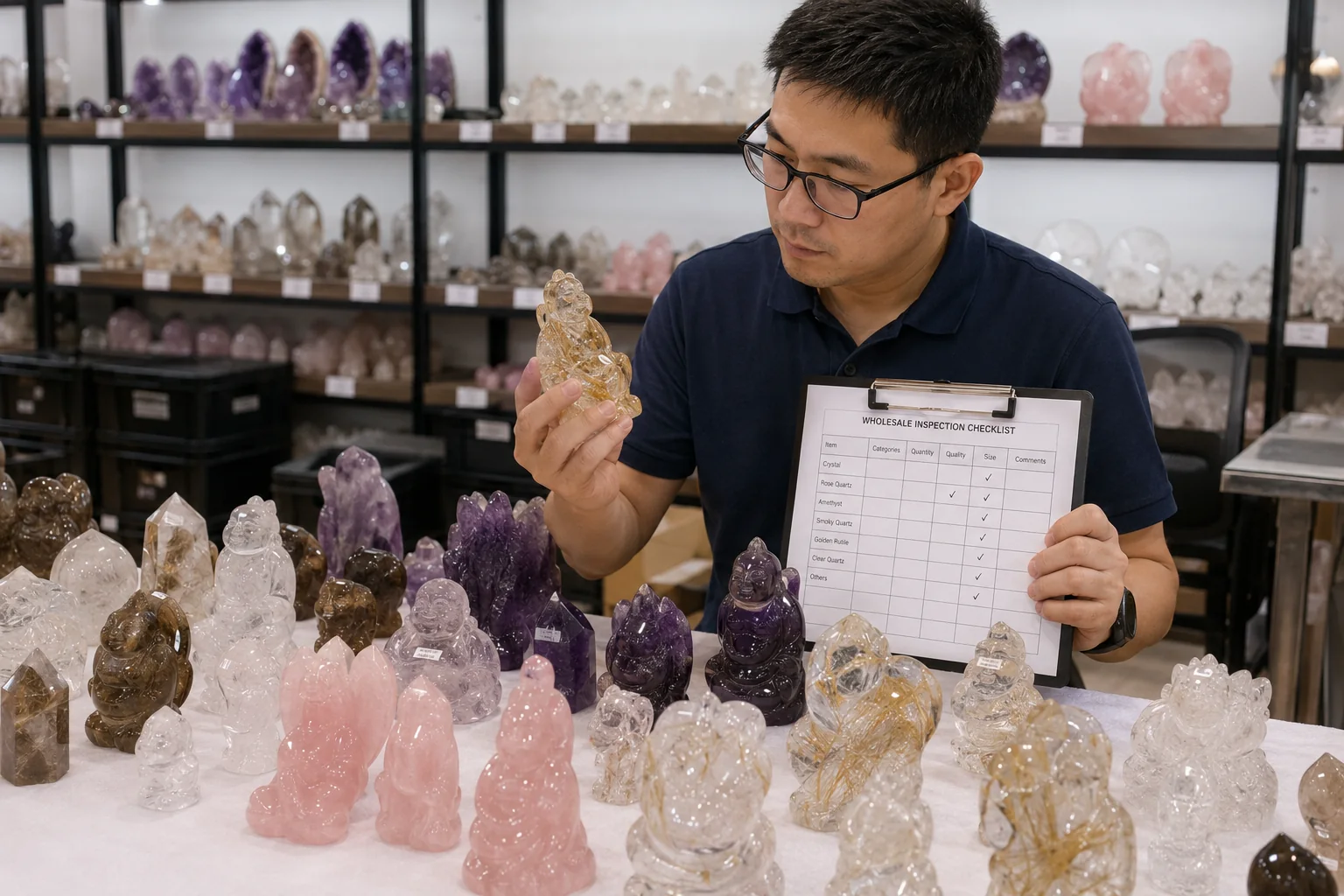 Inspecting Quartz Carvings for Wholesale A wholesale buyer inspecting different types of quartz used for crystal carvings with a checklist.