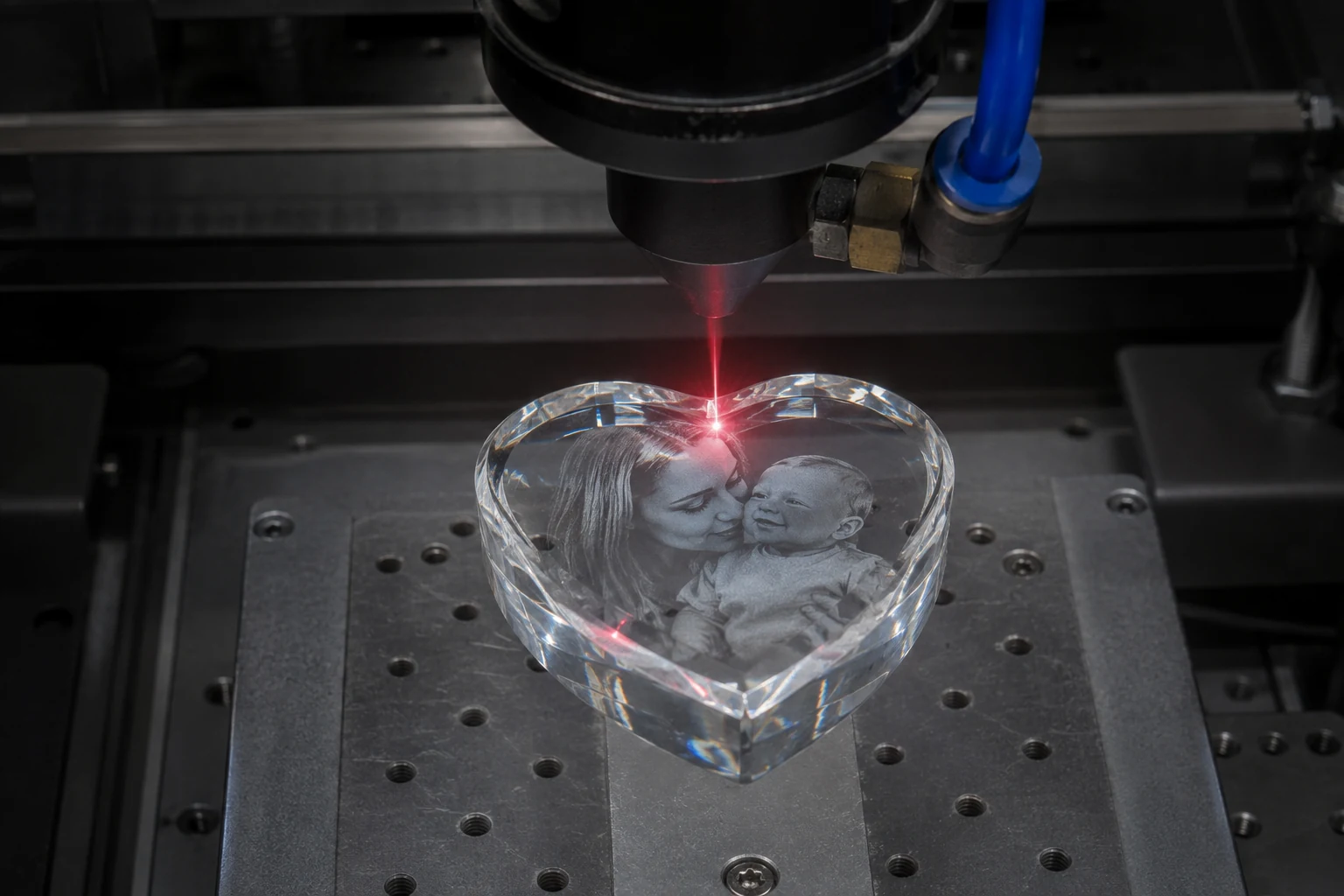 A close-up of a laser engraving machine creating a personalized crystal keepsake.
