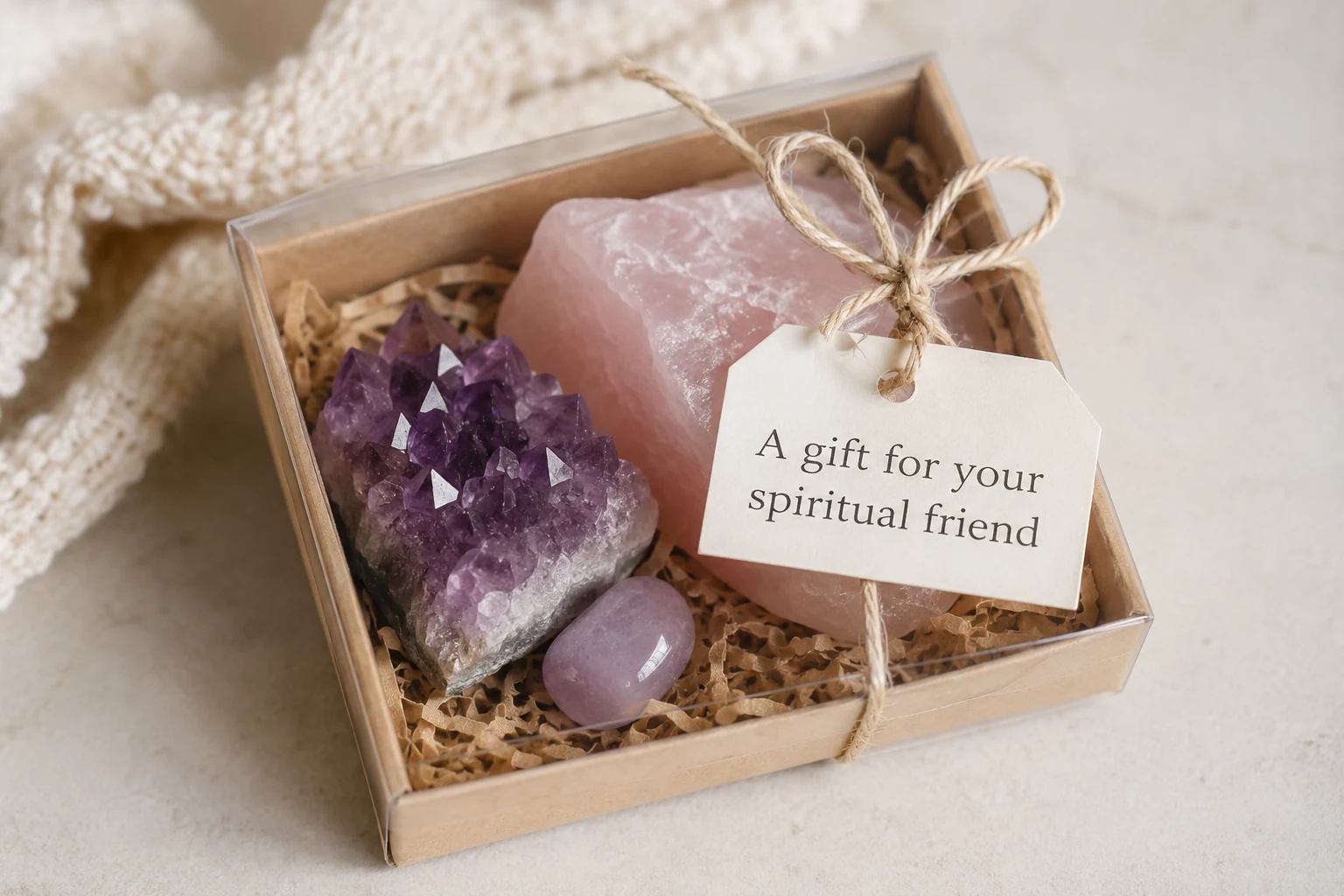 A lifestyle photo of a crystal gift box with a tag that says 'A gift for your spiritual friend'