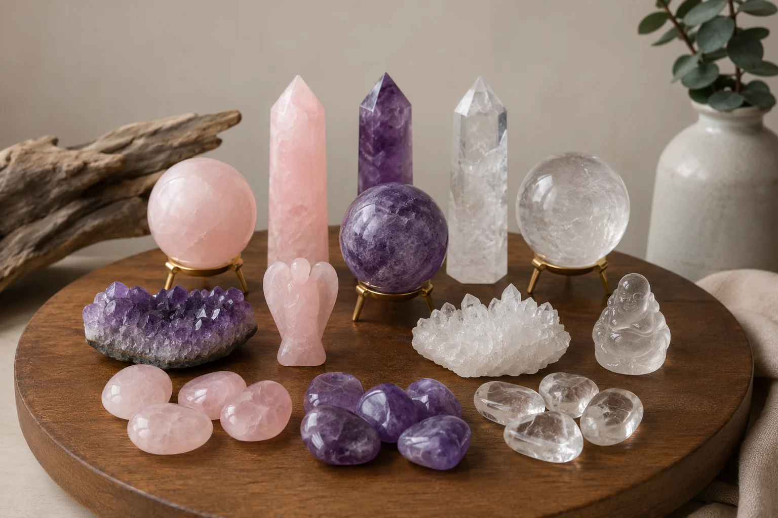 A curated 'Minimum Viable Collection' of popular crystal inventory items like rose quartz, amethyst, and clear quartz
