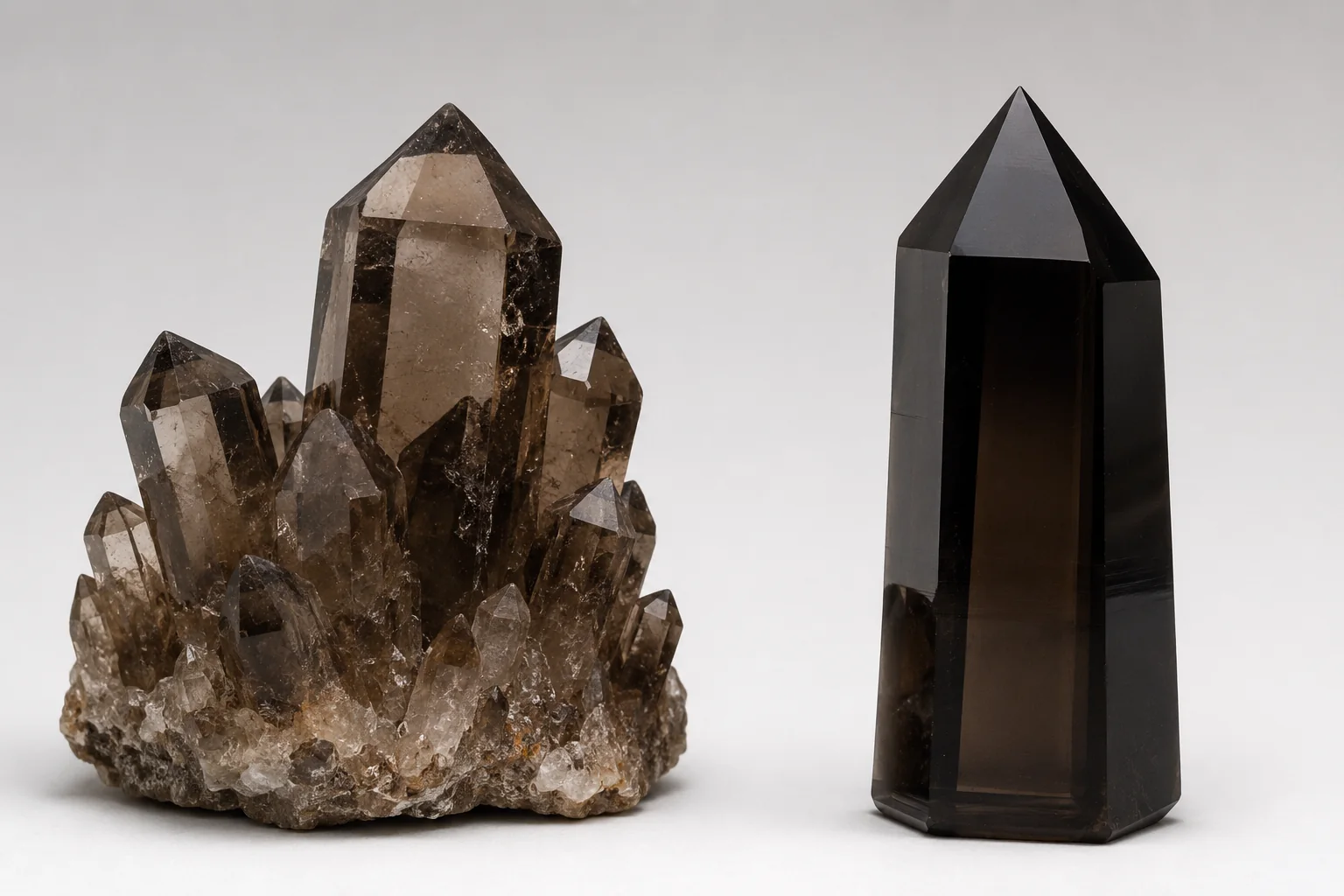 A side-by-side comparison of a natural smoky quartz cluster and a uniformly dark irradiated quartz point