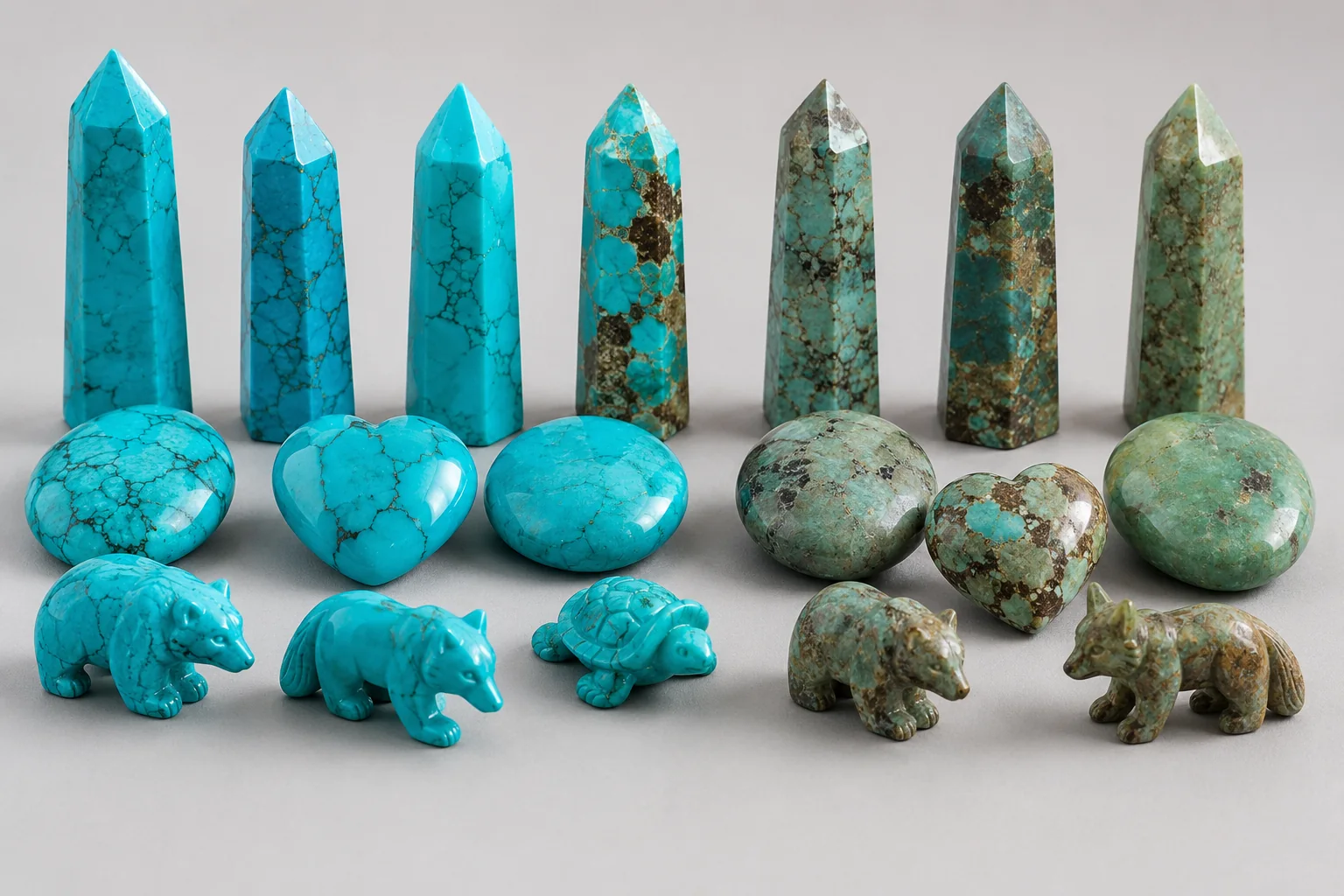 a collection of turquoise carvings showing the difference between vibrant stabilized pieces and earthy natural stones