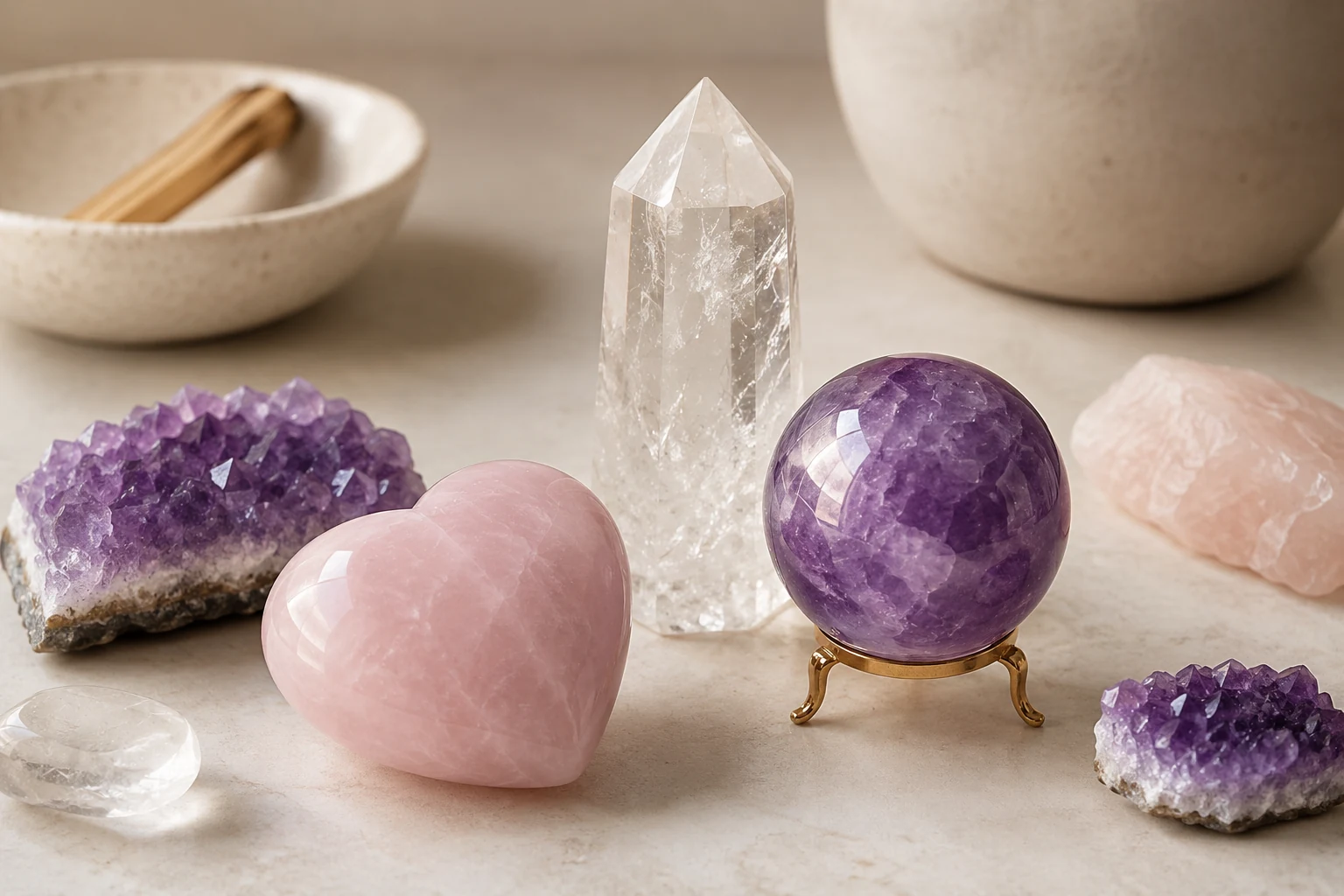A collection of popular crystal carvings including a rose quartz heart, amethyst sphere, and clear quartz tower for intention setting