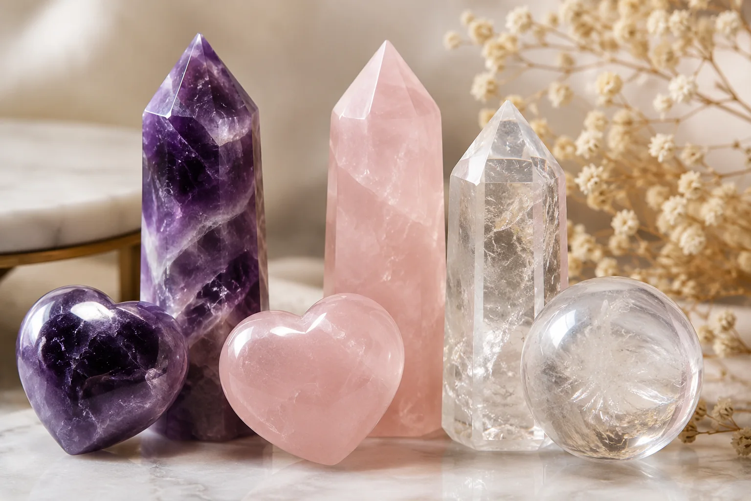 Popular Types of Quartz Used for Crystal Carvings A close-up of popular types of quartz carvings, like Amethyst, Rose Quartz, and Clear Quartz.