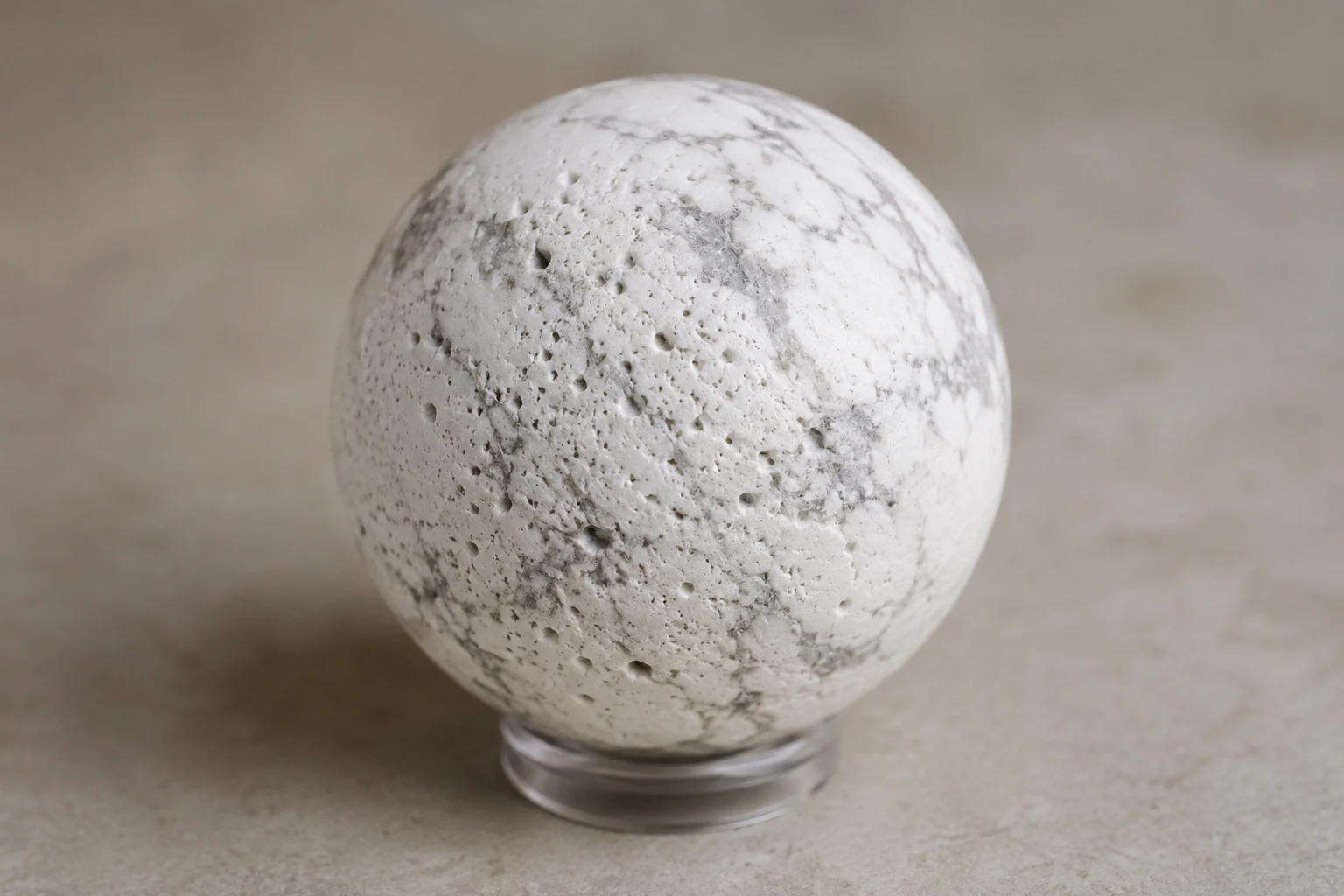 Close-up of a porous howlite crystal sphere showing its texture, illustrating the risk of smudging with oily smoke