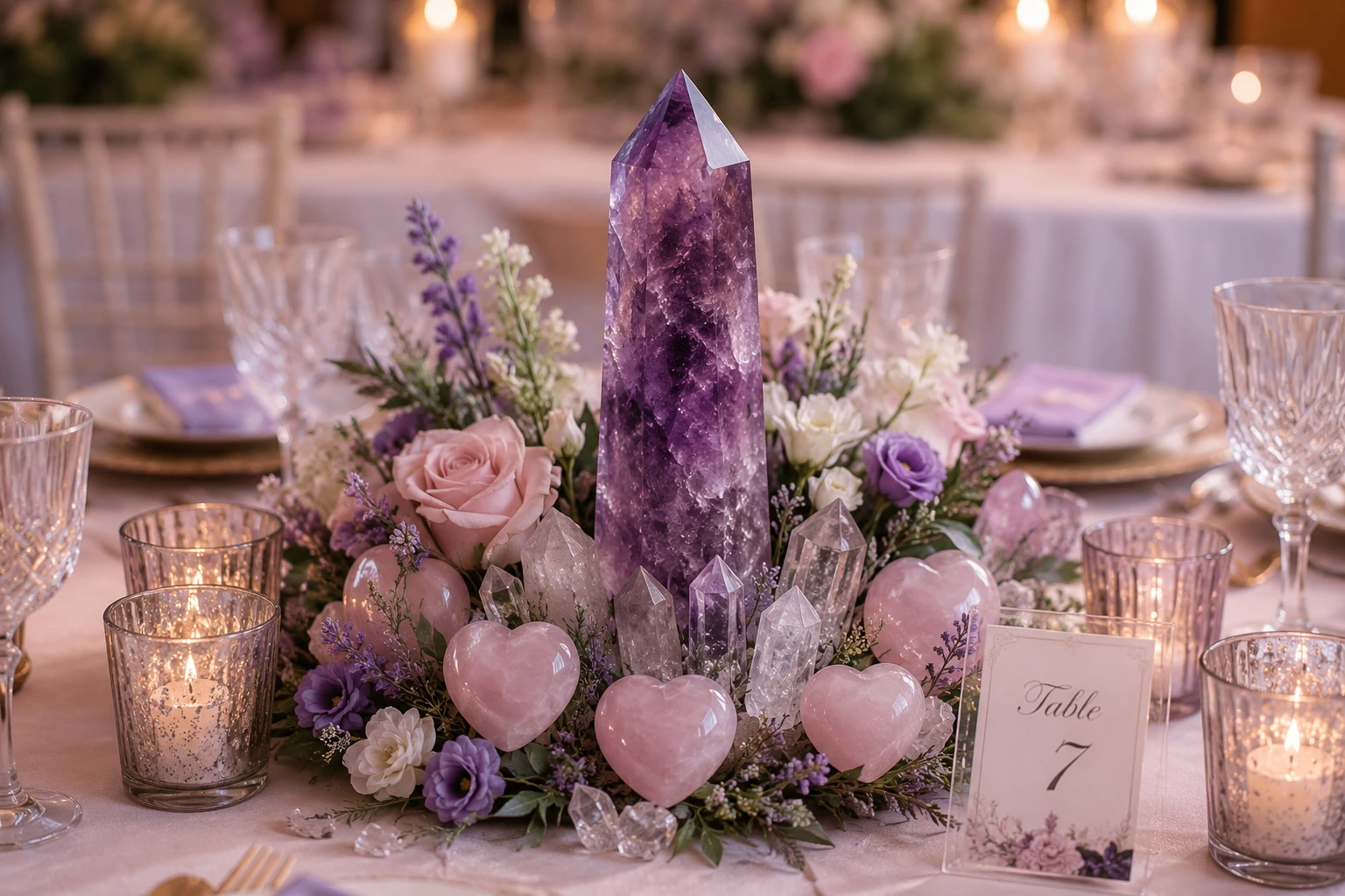A wedding table centerpiece featuring a tall amethyst tower surrounded by small rose quartz hearts and crystal wedding decor.