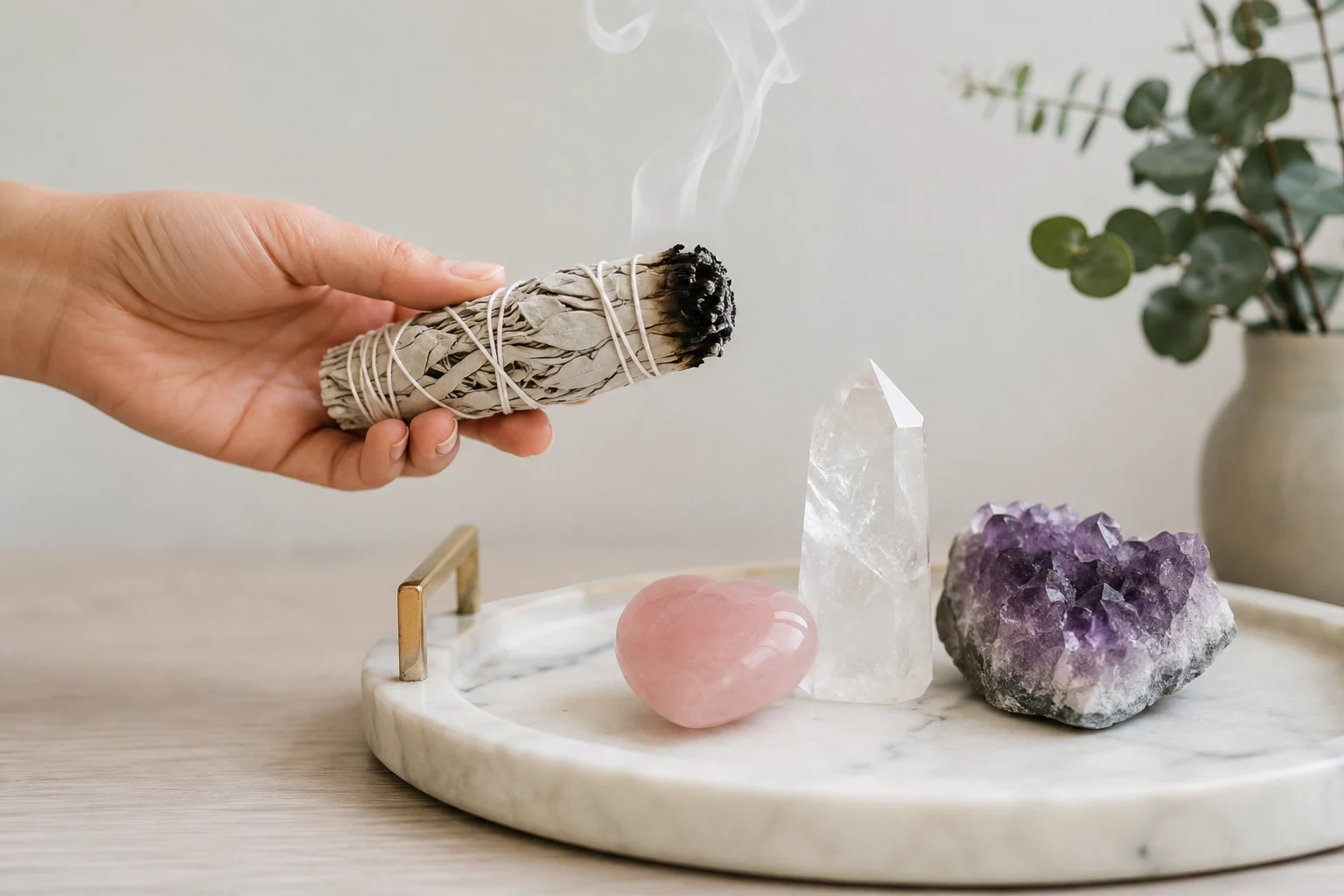 A hand safely smudging crystal carvings with a sage stick held at a distance
