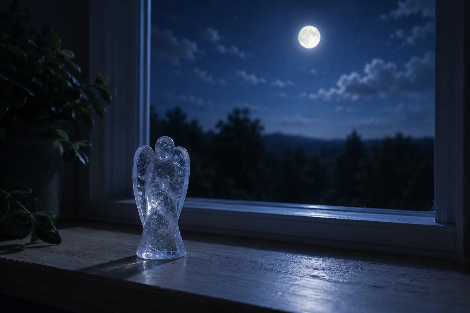 A crystal carving placed on a windowsill at night, illuminated by soft moonlight.
