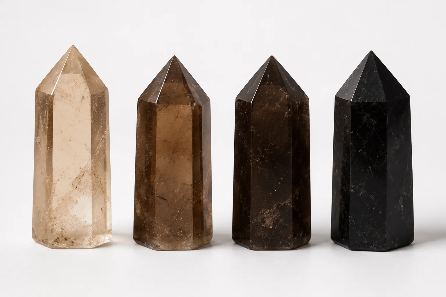 Four smoky quartz points lined up, showing a gradient from light to near-black