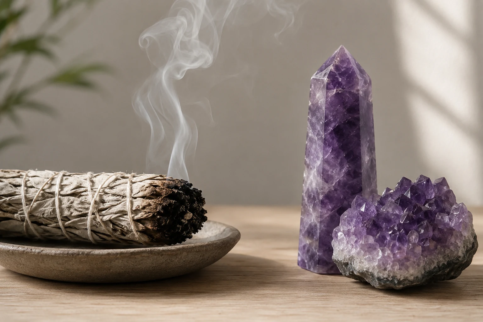 A white sage smudge stick producing dry smoke near amethyst crystal carvings, demonstrating a safer cleansing method