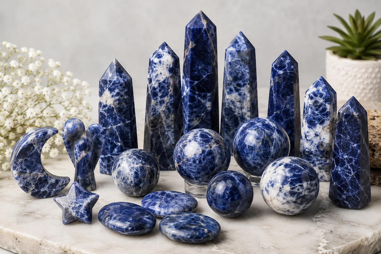 Sodalite Crystal Carvings Wholesale A collection of sodalite crystal carvings including towers and spheres