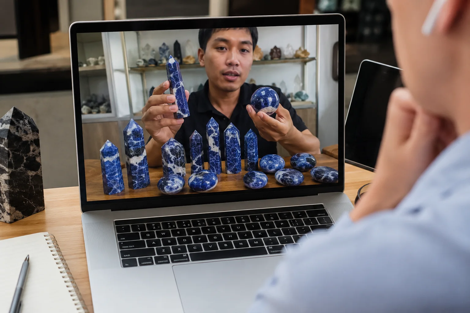 Sodalite Sourcing Process Verification A supplier showing sodalite carvings over a video call for verification
