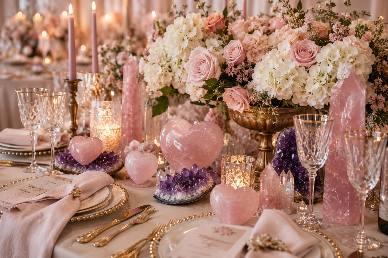 An elegant table set with crystal wedding decor, including rose quartz hearts and amethyst clusters.