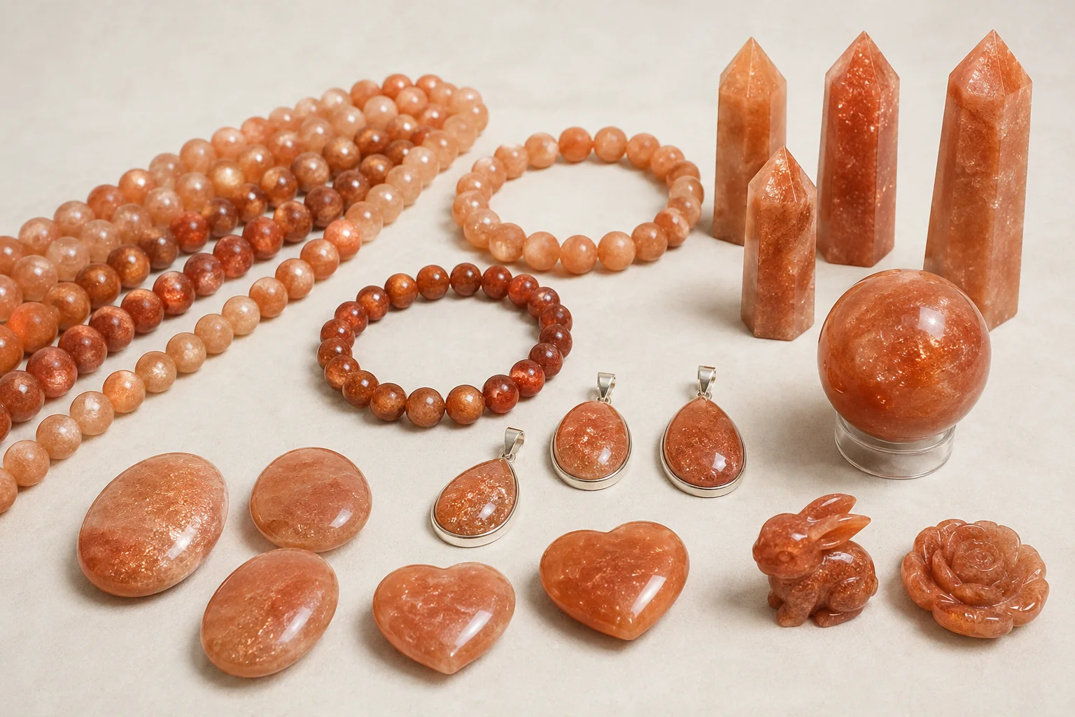 Sunstone Beads, Towers, and Carvings Different types of sunstone products