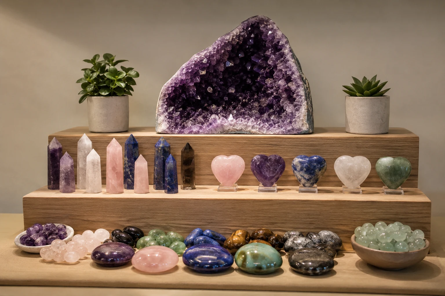 A tiered display of wholesale crystal gift ideas, from small worry stones to a large amethyst freeform