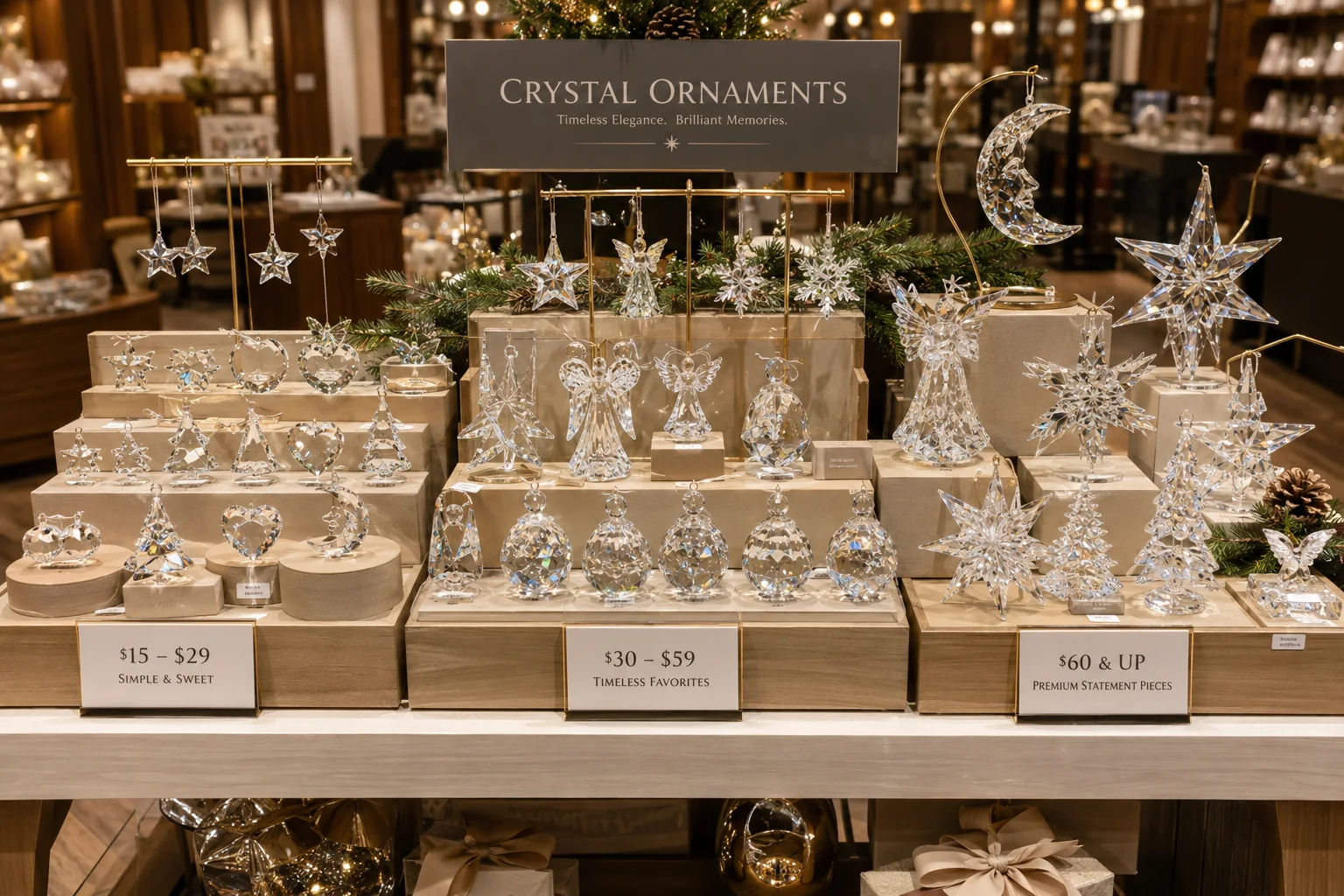 A retail display featuring crystal ornaments organized by price point: small, simple pieces on the left, mid-range in the center, and large statement pieces on the right.