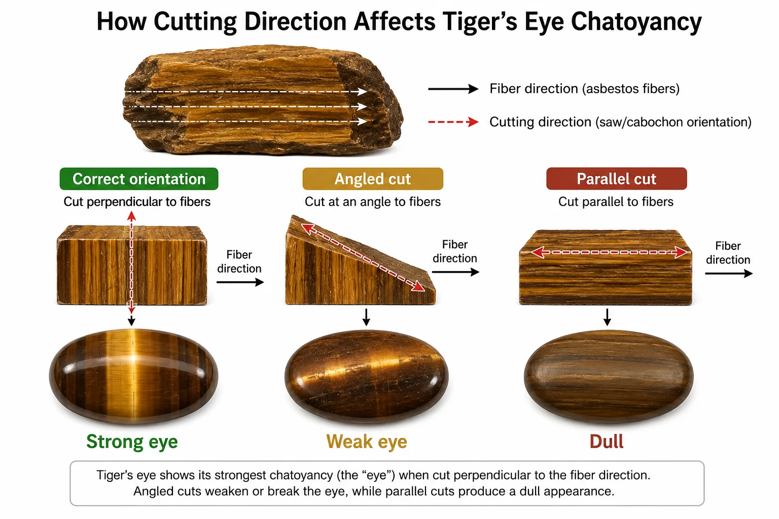 Tiger's Eye Cutting Orientation and Chatoyancy Diagram showing how cutting direction affects tiger's eye chatoyancy