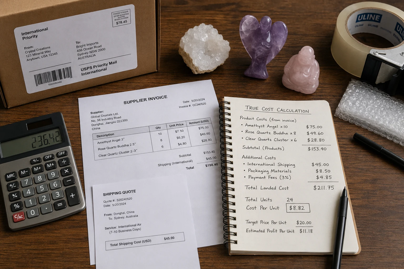 Calculating the true cost of sourcing popular crystal carvings, including international shipping fees
