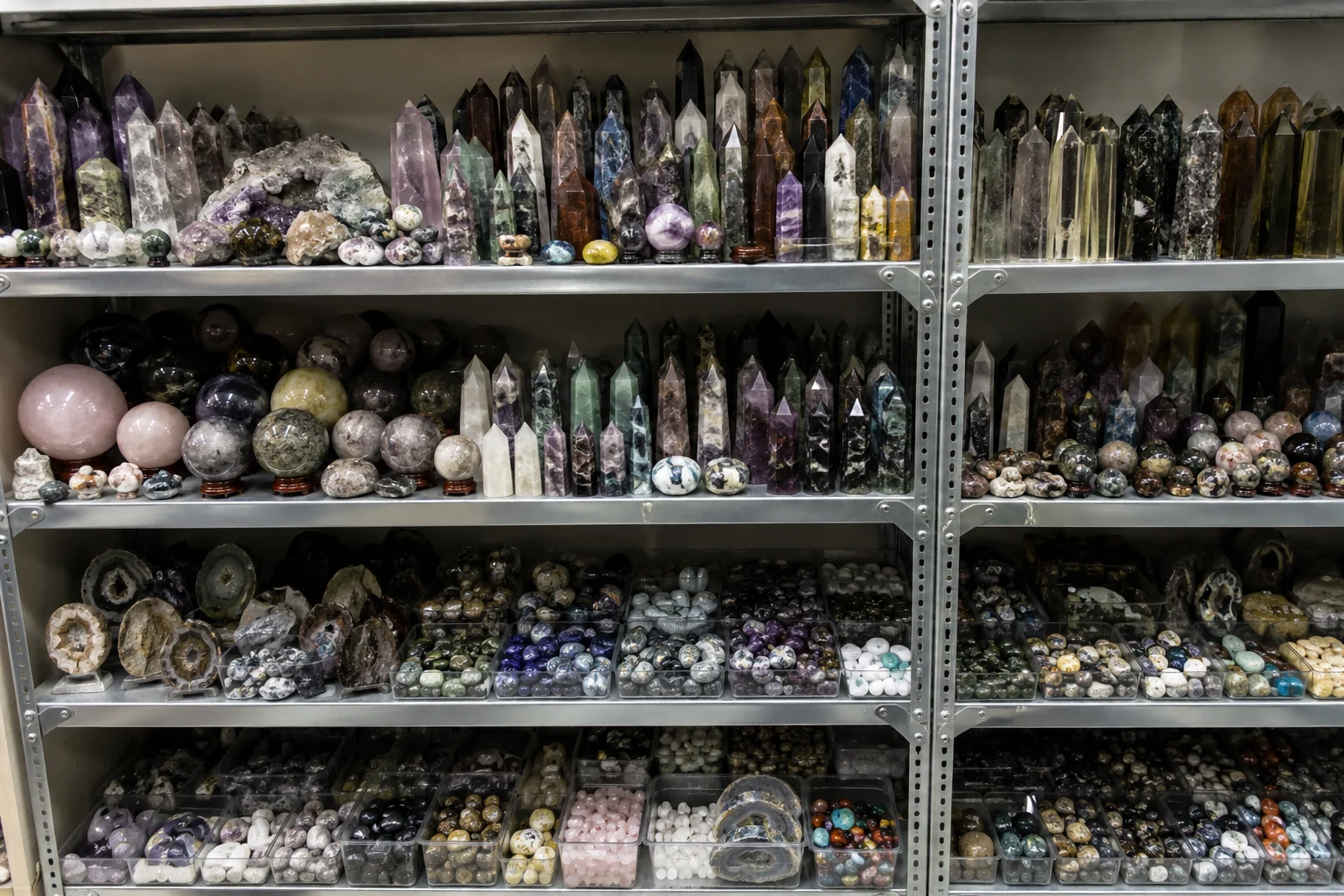 An assortment of unsold crystal inventory like towers and spheres on a shelf