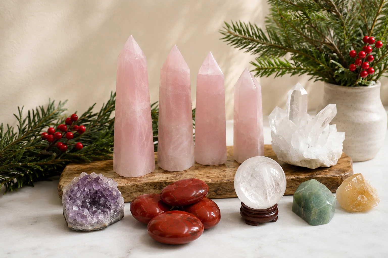 A festive display of wholesale crystal gift ideas including rose quartz towers and red jasper palm stones