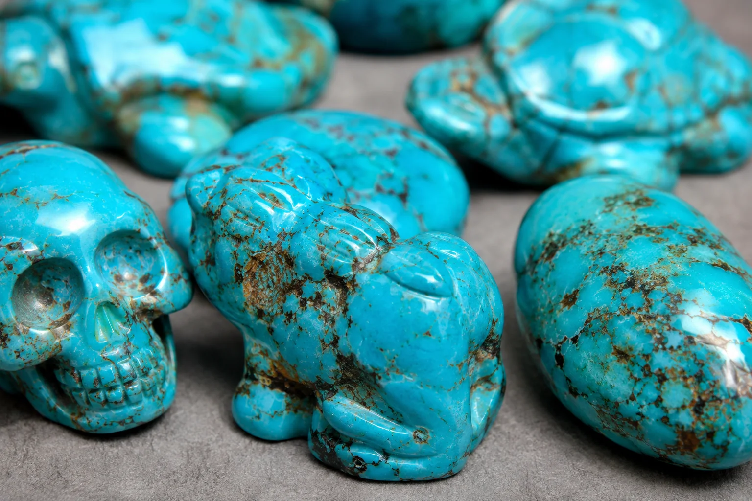 a close-up shot of polished, stabilized turquoise carvings with vibrant blue color and clear matrix patterns