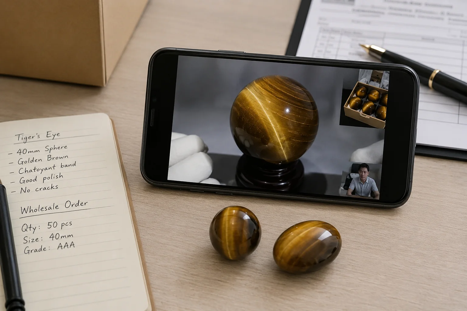 Video Inspection of a Tiger's Eye Sphere A video being played on a phone showing a tiger's eye sphere rotating