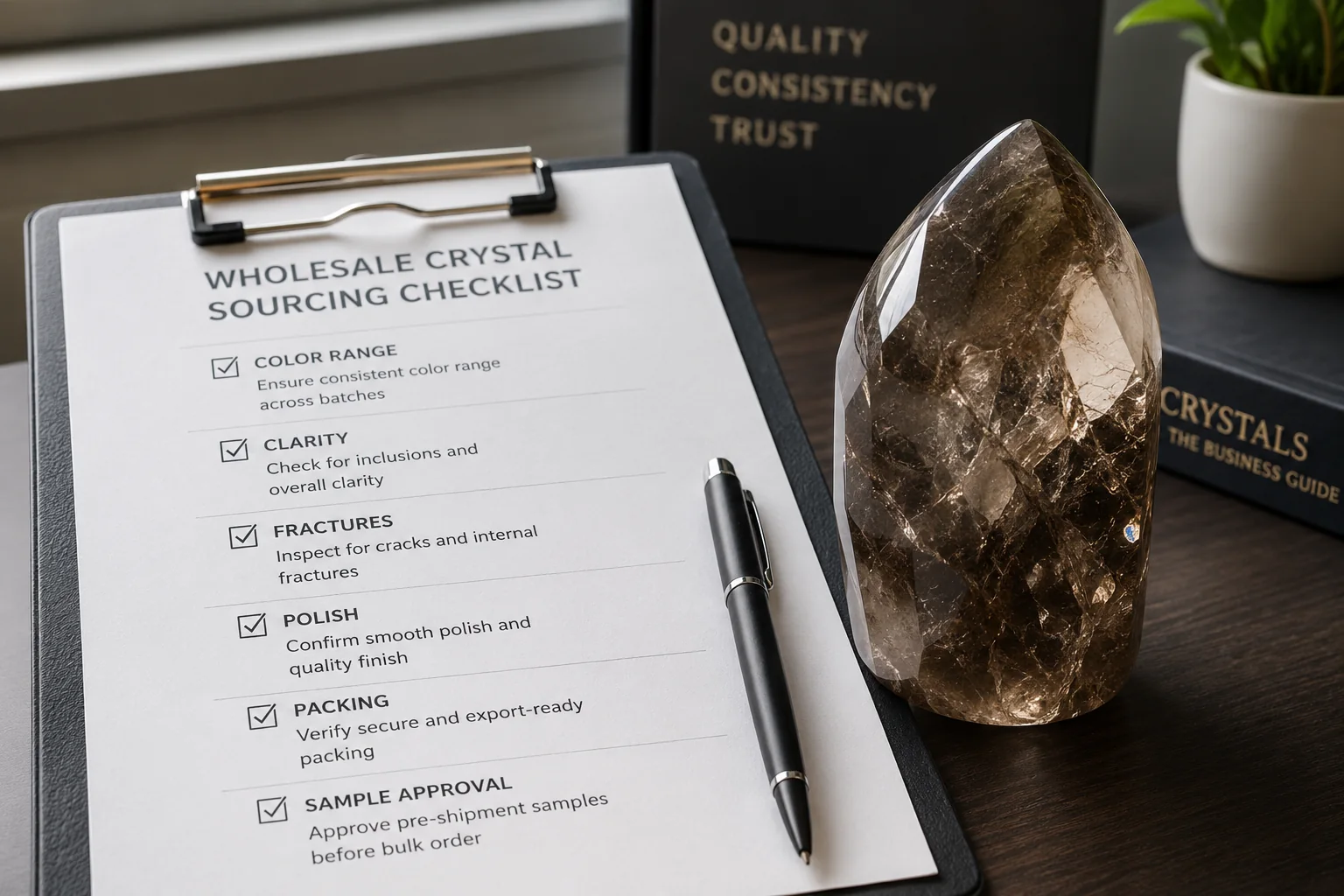 A checklist on a clipboard with a pen, next to a smoky quartz carving