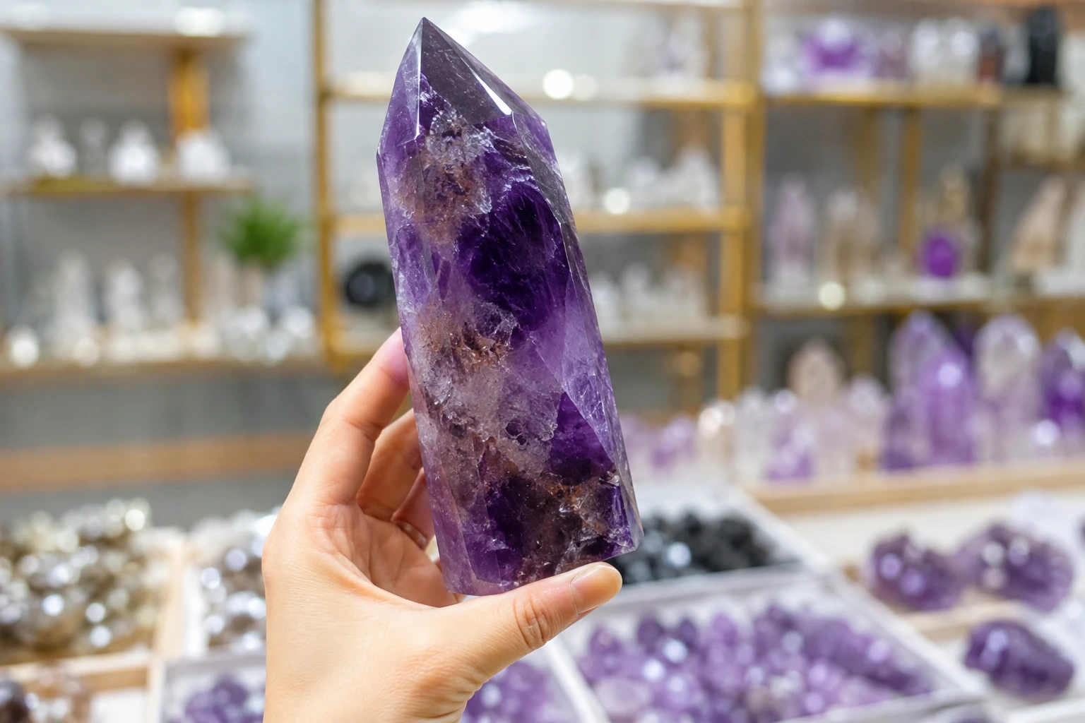 A wholesale crystal supplier's hand holding up a high-quality amethyst point to the light for inspection.