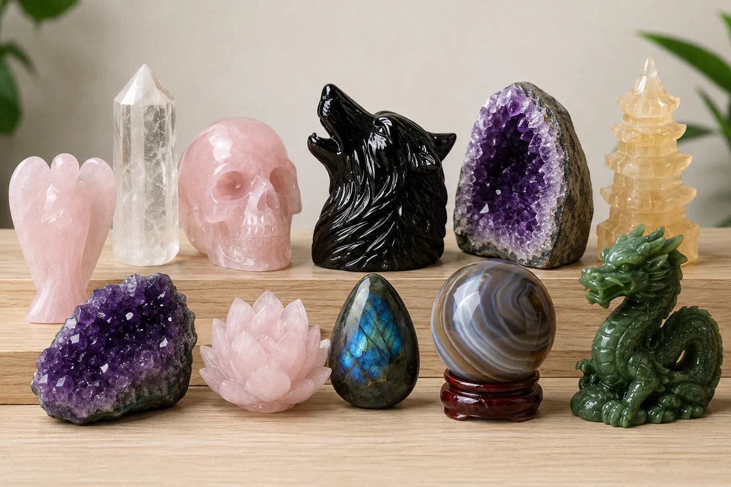 A collection of different custom crystal carvings in various materials like obsidian, rose quartz, and agate.