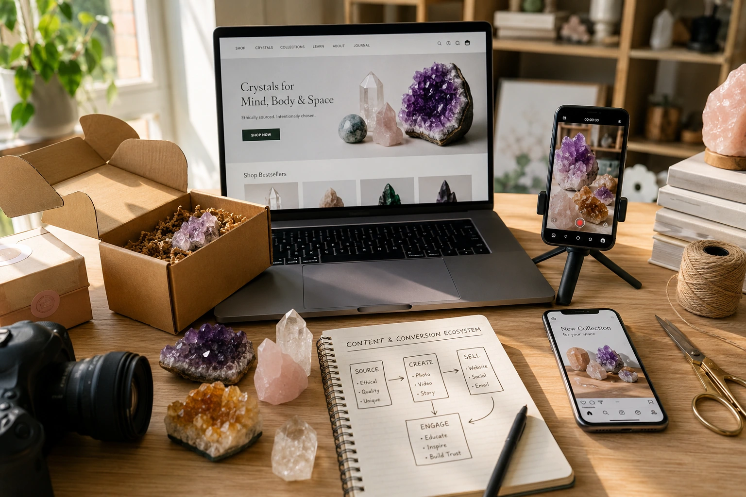 A strategic diagram showing how product sourcing and crystal e-commerce content work together