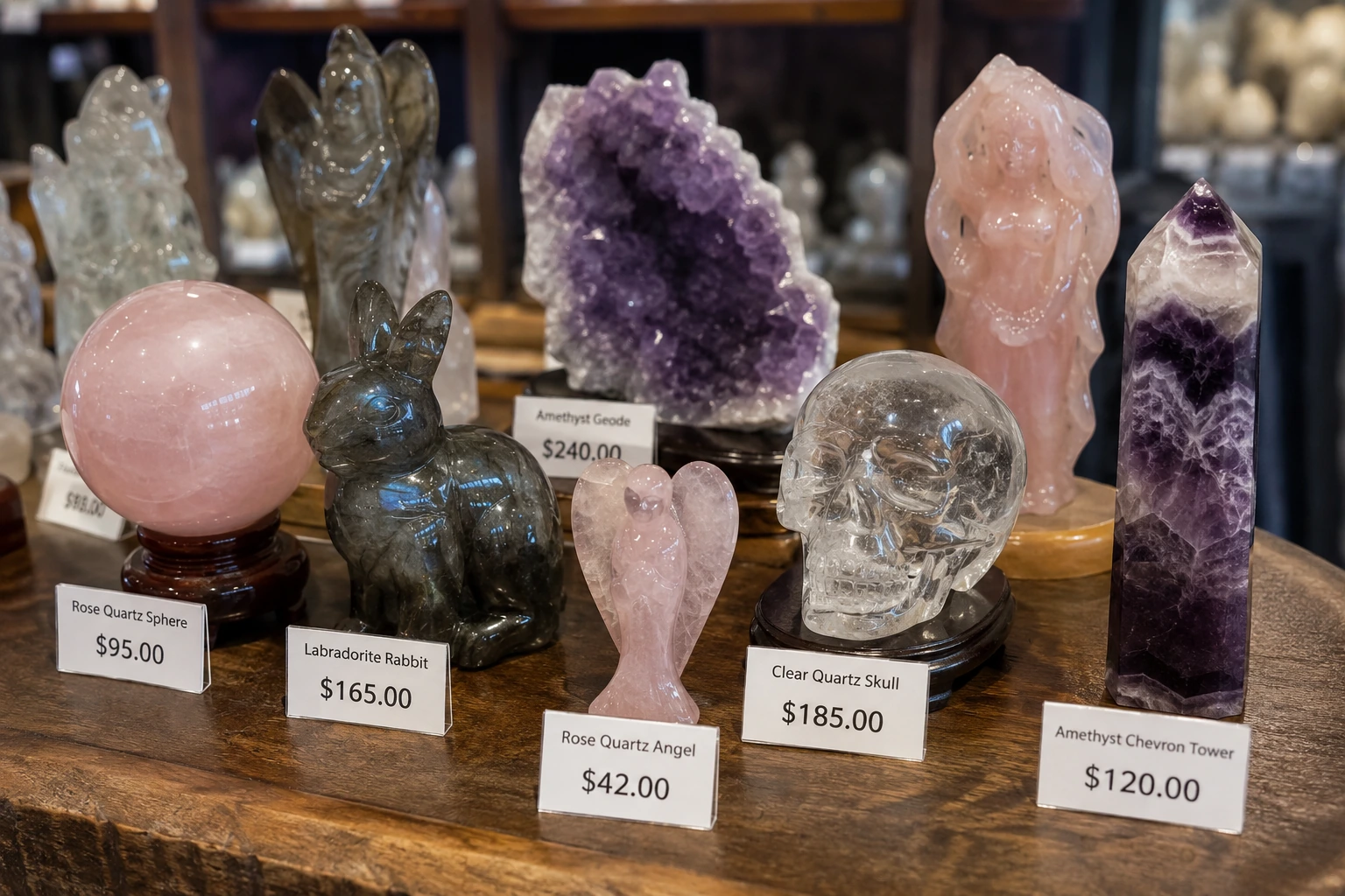 A collection of crystal carvings with price tags being considered for retail pricing strategies.