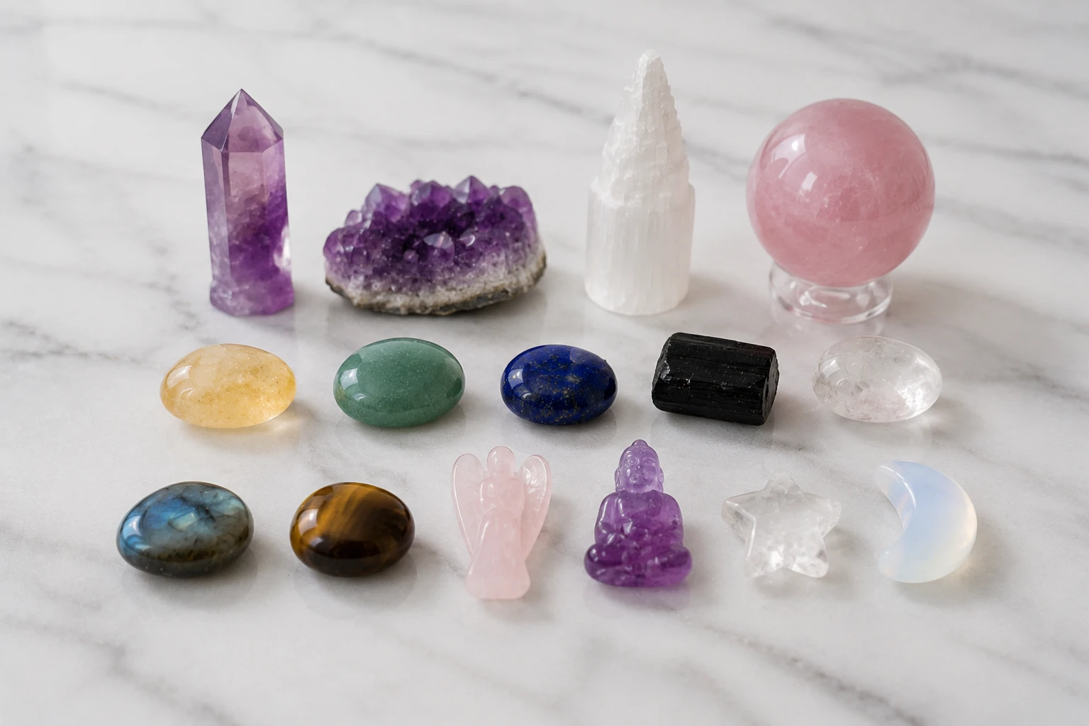 A colorful variety of mixed crystal assortments including tumbles and mini carvings