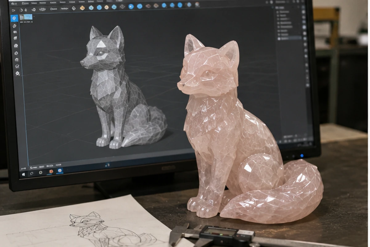 a 3D CAD model of a custom crystal carving next to the finished product, illustrating the OEM process